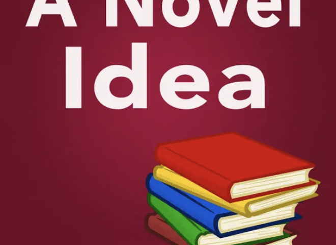 A red background with white text reading "a novel idea" above a stack of titleless multicolored books. 